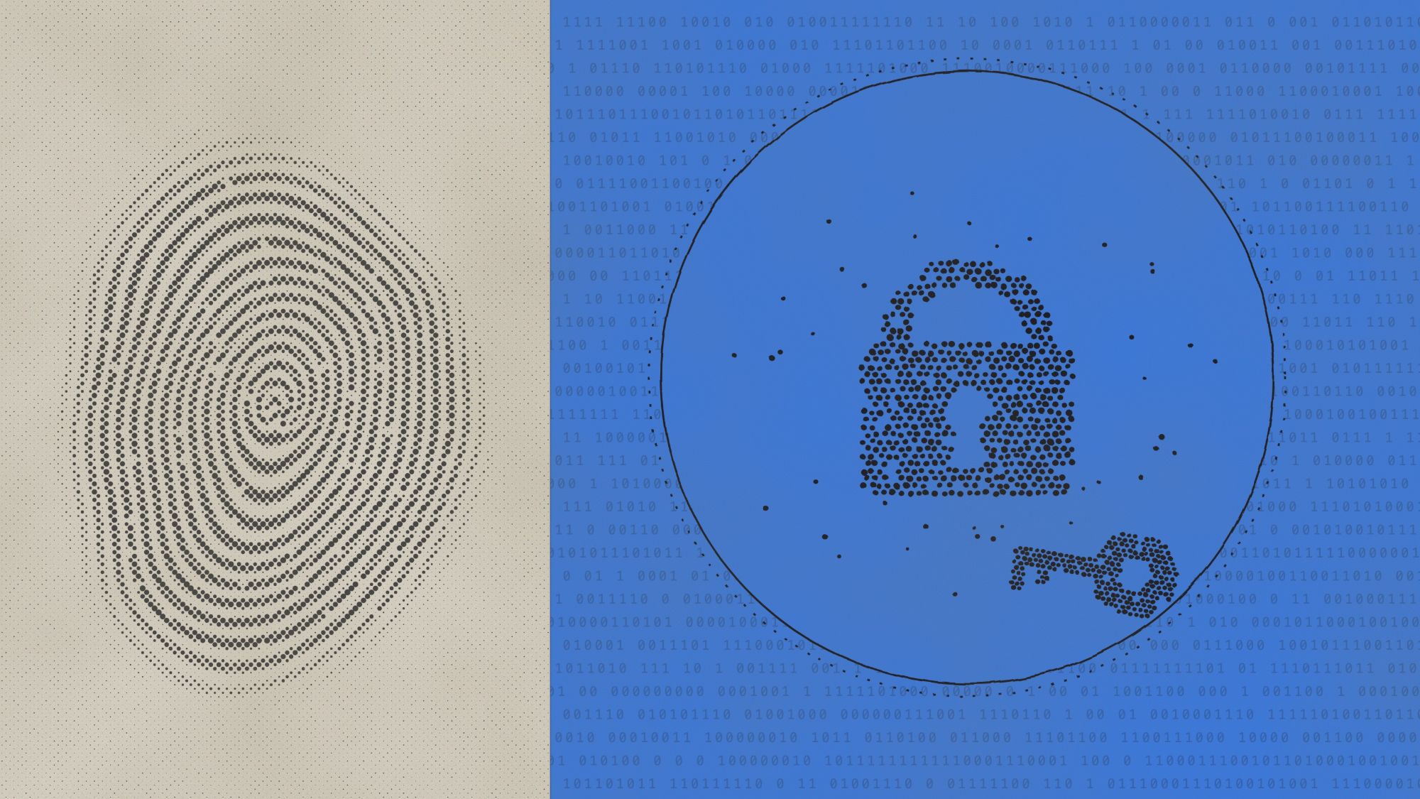 Illustration of a fingerprint beside a padlock and key on a background of binary code